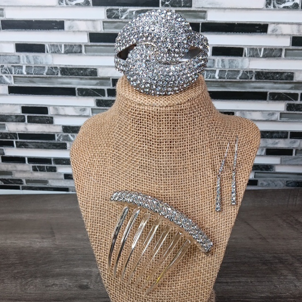 Vintage Rhinestone Pageant Jewelry Set Lucite Hair Comb Drop Earings Arm Cuff
